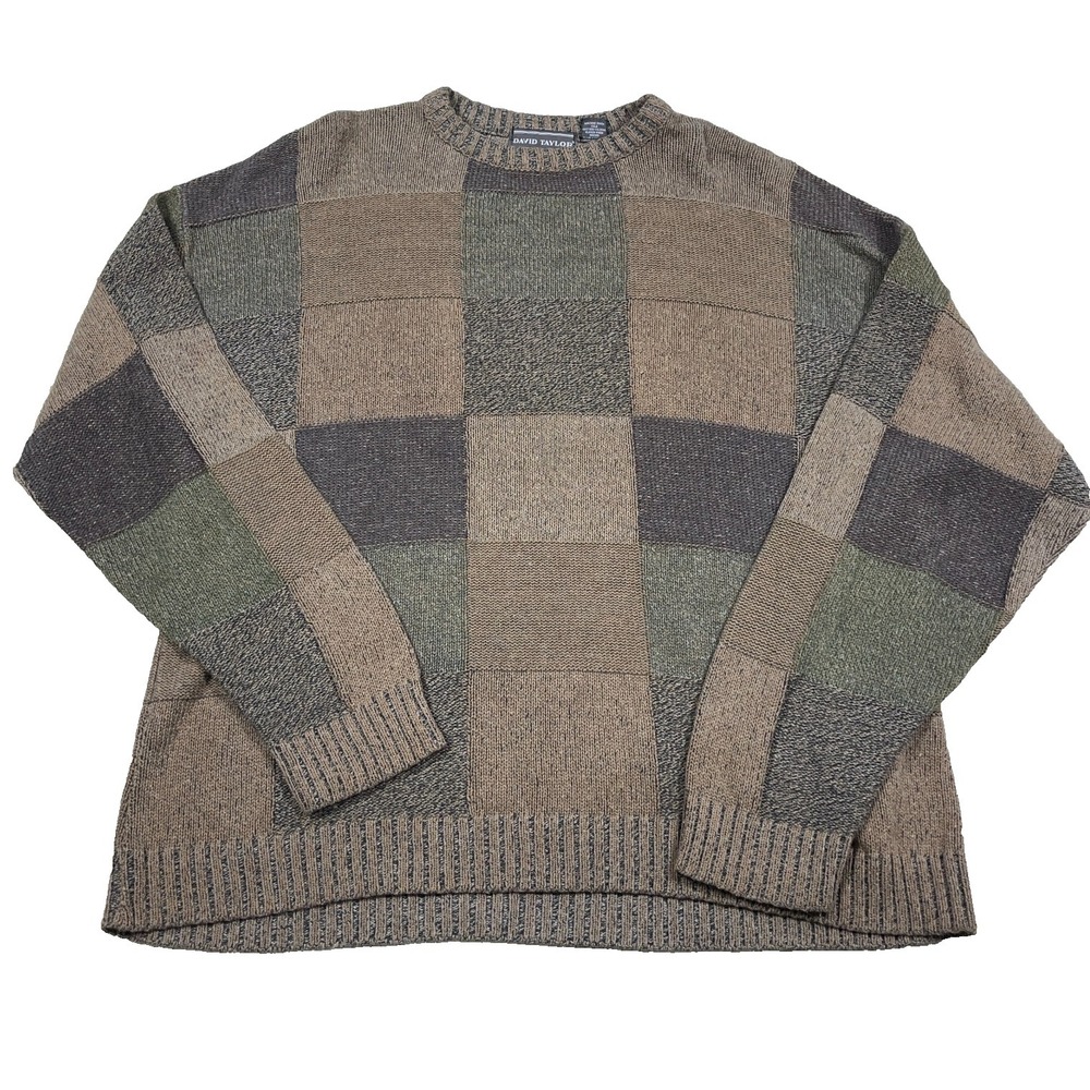Vintage Grandpa Sweater Men XL Brown Geometric Colorblock Crewneck Cotton 90s US